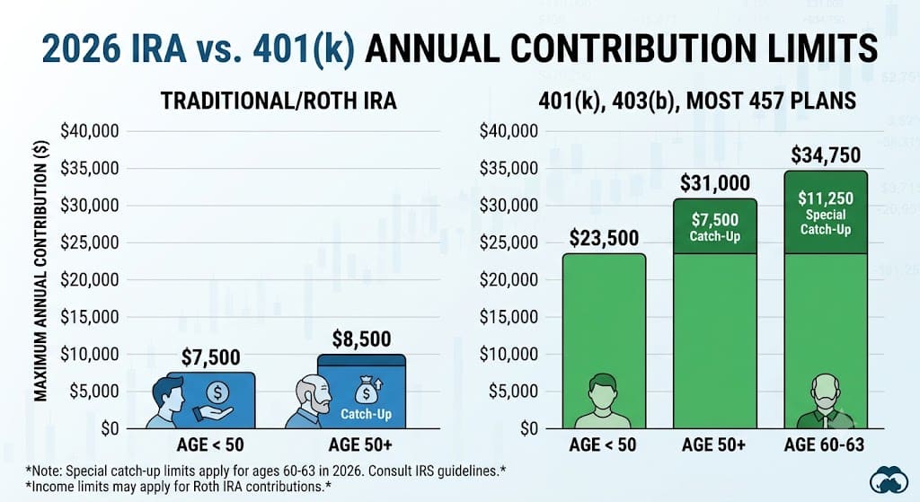 Chart comparing 2026 IRA and 401(k) annual contribution limits, showing $7,500 IRA limit for under 50, $8,500 for age 50+, and 401(k) limits of $23,500, $31,000, and $34,750 by age group.