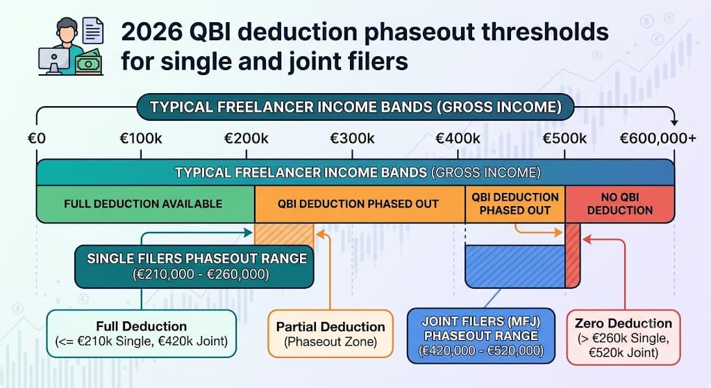 Infographic illustrating the 2026 Qualified Business Income (QBI) deduction phaseout thresholds for freelancers, showing income ranges for full, partial, and no deduction for single and joint filers.