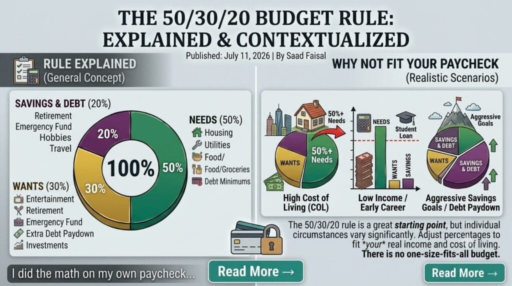 Infographic explaining the 50/30/20 budgeting rule with examples of needs, wants, savings, and realistic budgeting scenarios.