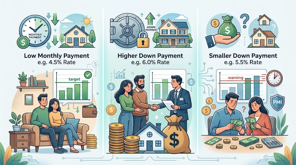 Infographic illustrating the main factors affecting home affordability on a $60,000 salary, including mortgage rates, down payments, monthly payments, PMI, and budgeting considerations.