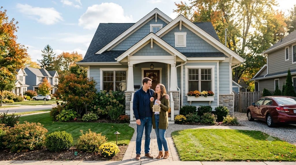 Young couple standing in front of their newly purchased suburban home, illustrating home affordability and buying a house on a $60,000 annual salary.