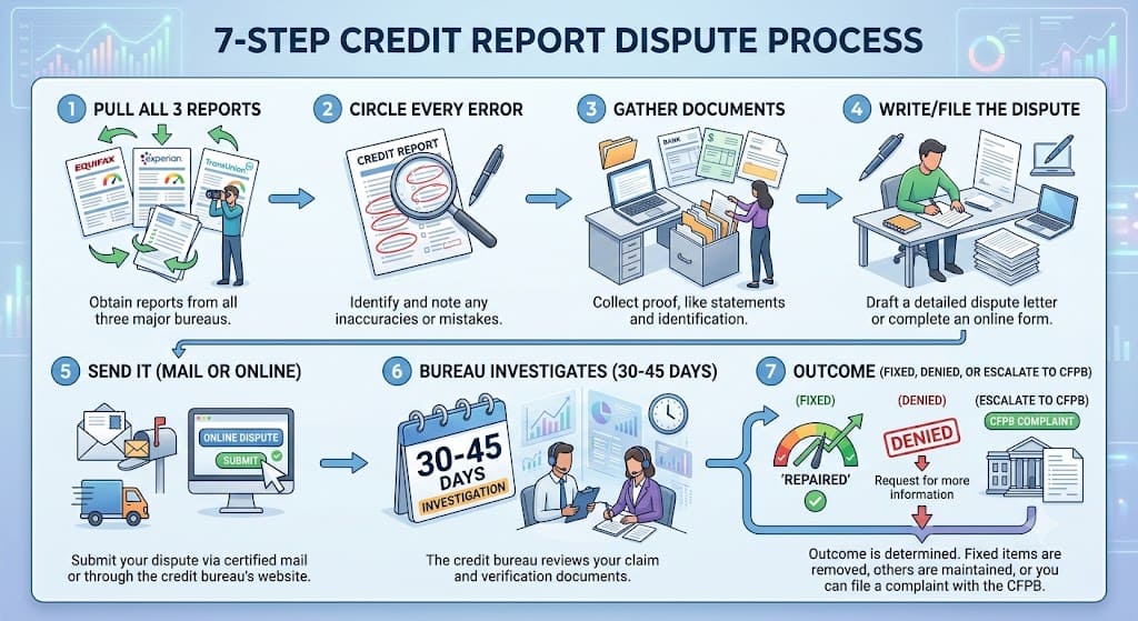 Infographic illustrating the seven-step credit report dispute process, from reviewing credit reports and identifying errors to submitting a dispute and receiving the investigation outcome.