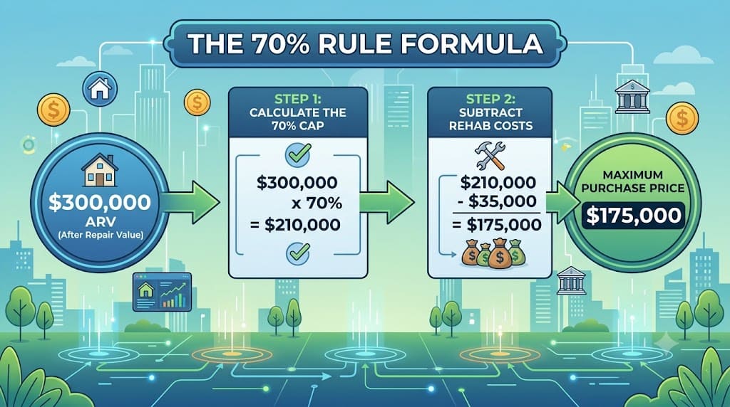 Infographic explaining the 70% Rule formula in real estate investing, showing after repair value (ARV), renovation costs, and maximum purchase price calculation.