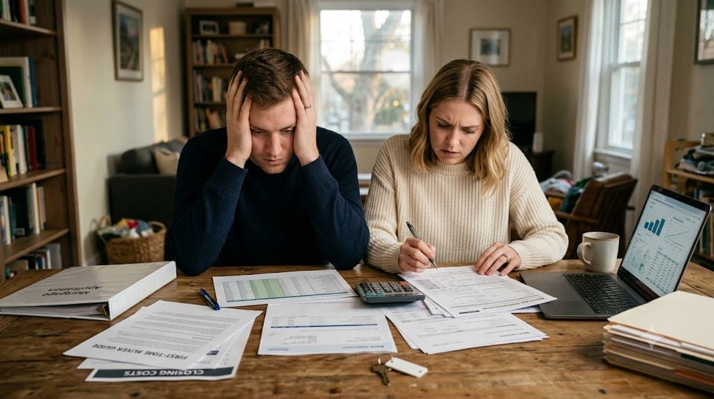 Stressed first-time home buyers reviewing financial documents, calculator, and mortgage paperwork while planning a down payment for their new home.