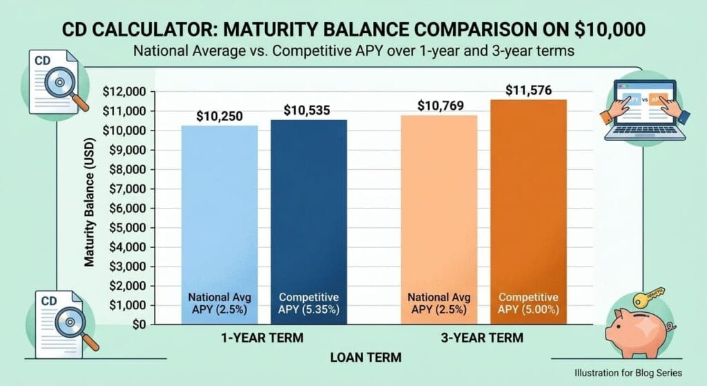 Bar chart comparing certificate of deposit maturity balances for 1-year and 3-year CD terms using national average and competitive APY rates n a $10,000 investment.