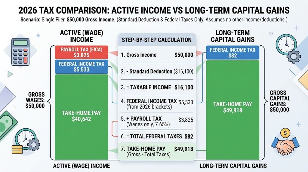 Infographic comparing taxes on active wage income versus long-term capital gains, showing differences in payroll taxes, federal income taxes, taxable income calculations, and resulting take-home pay under a hypothetical scenario.
