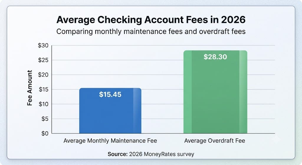 Bar chart comparing average checking account fees in 2026, showing a $15.45 monthly maintenance fee and a $28.30 average overdraft fee.
