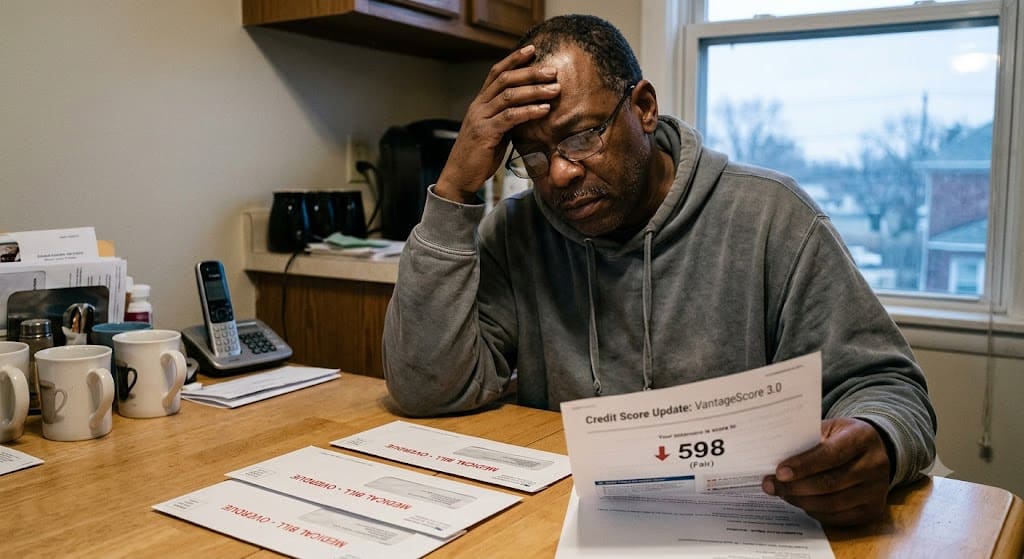 Man reviewing a low credit score report while looking at medical bills and financial documents at home.