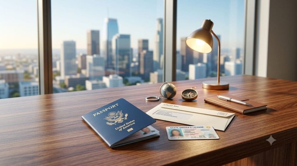 Passport, identification documents, and banking essentials for opening a bank account in the USA.