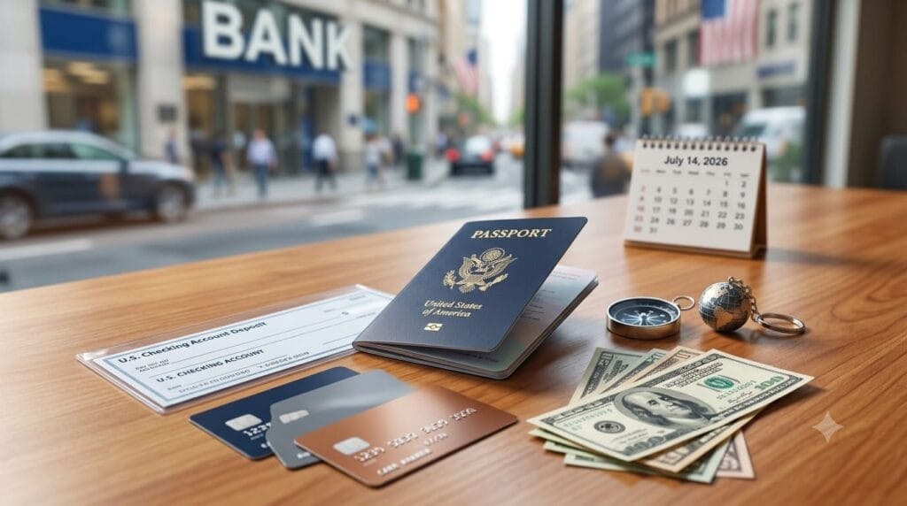 Passport, debit cards, U.S. checking account documents, and cash displayed on a desk before opening a bank account in the USA.