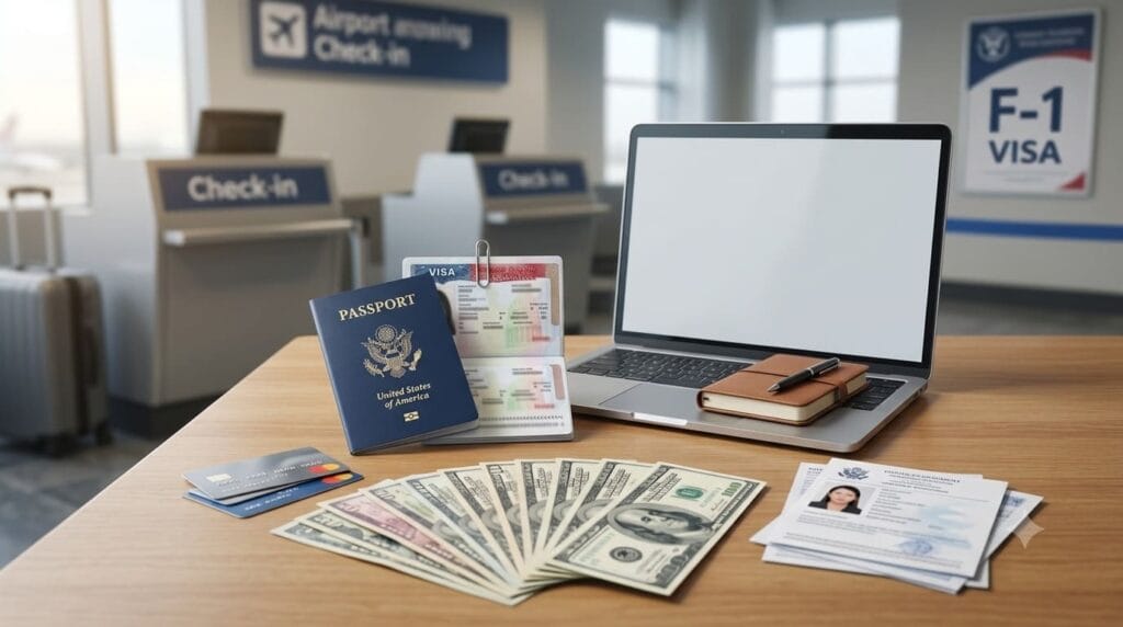 Passport, visa documents, laptop, debit card, cash, and identification required before opening a bank account in the USA.