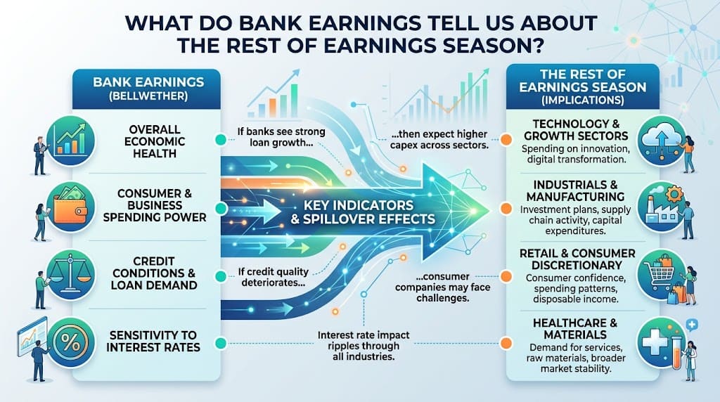 Infographic showing how bank earnings provide insights into earnings season, consumer spending, loan demand, credit quality, interest rates, and broader market trends.