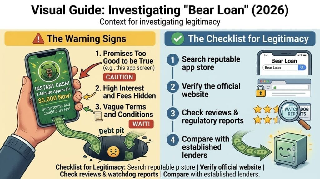 Infographic explaining Bear Loan warning signs, hidden fees, and a checklist to verify whether a loan app is legitimate.
