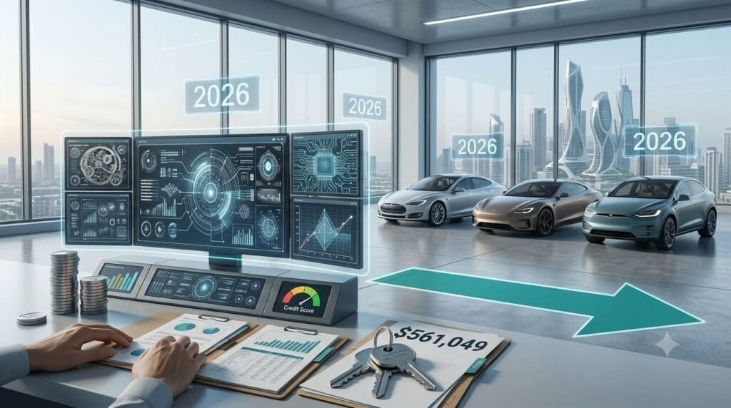 Financial dashboard analyzing auto loan options, credit scores, interest rates, and vehicle financing comparisons.
