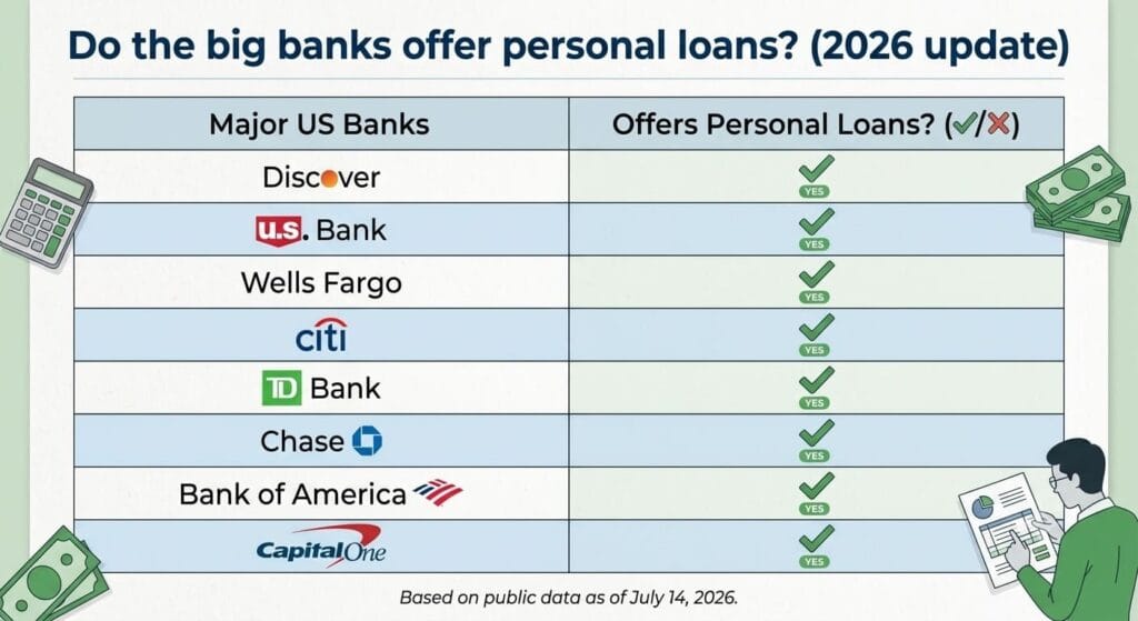 Comparison chart showing major U.S. banks that offer personal loans in 2026, including Discover, U.S. Bank, Wells Fargo, Citi, TD Bank, Chase, Bank of America, and Capital One.