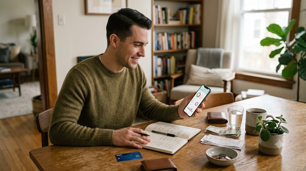 Person using a budgeting app on a smartphone while reviewing expenses and planning a monthly budget at a home office table.