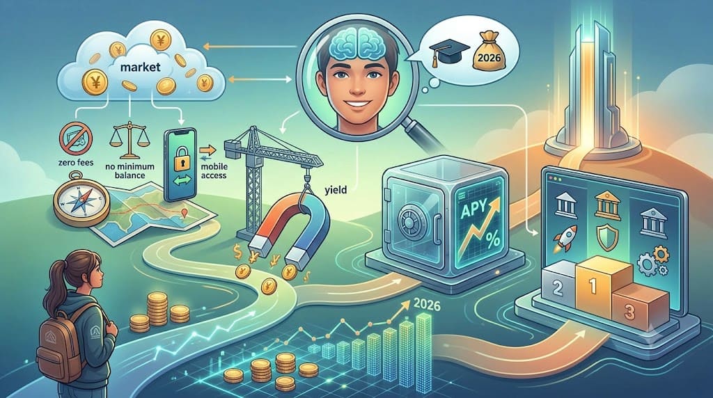 Illustration showing a student comparing the best high-yield savings accounts in 2026, featuring APY growth, zero fees, mobile banking, and secure digital savings options.