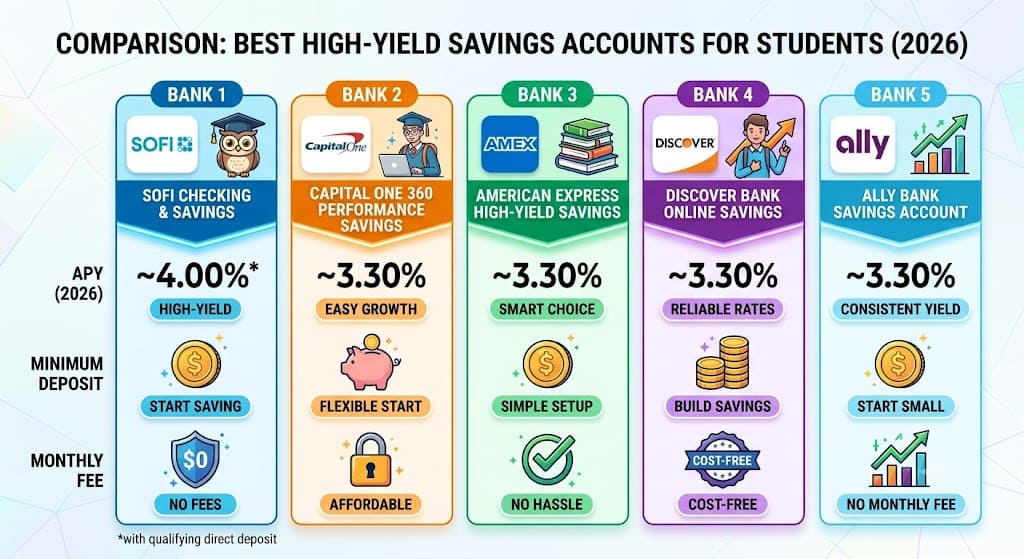 Comparison chart of the best high-yield savings accounts for students in 2026, featuring SoFi, Capital One 360, American Express, Discover, and Ally Bank with APY, fees, and account features.