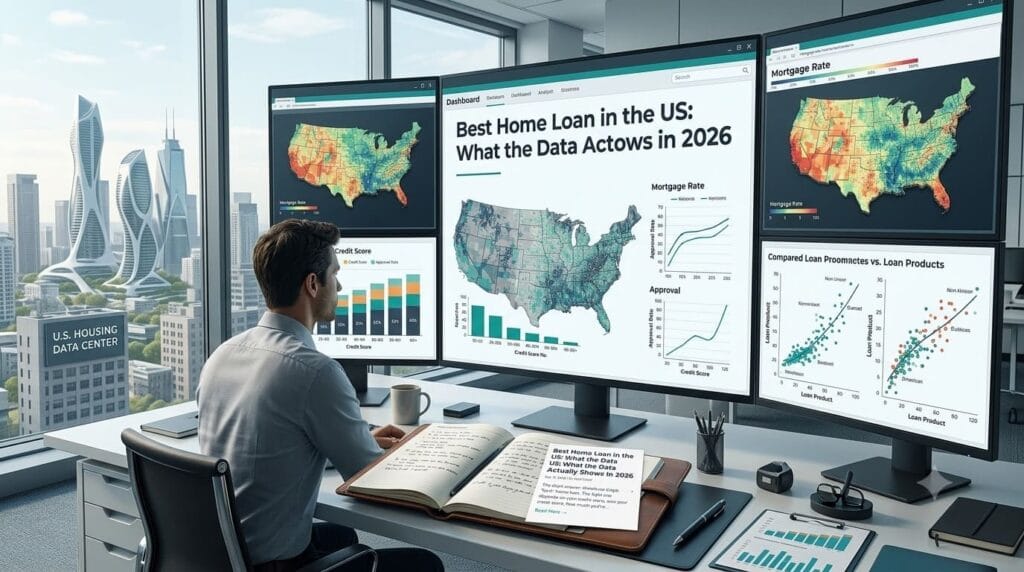 Financial analyst reviewing mortgage rate data, housing trends, and home loan statistics on multiple screens.