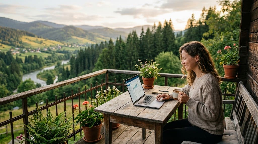 Person using a laptop on a scenic balcony while managing finances online, representing the best online banks with no monthly fees in 2026.