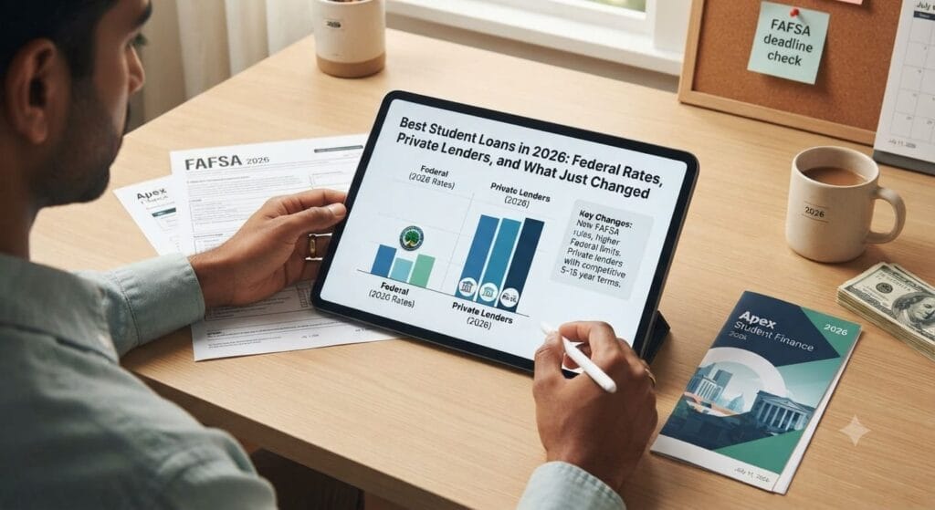 Person reviewing federal and private student loan options on a tablet alongside FAFSA documents and student finance materials.