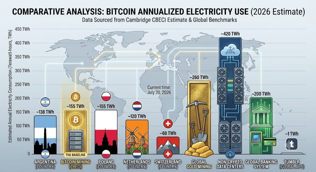 Bar chart comparing Bitcoin mining electricity consumption with countries, gold mining, global banking systems, and data centers to illustrate the energy usage of cryptocurrency mining.