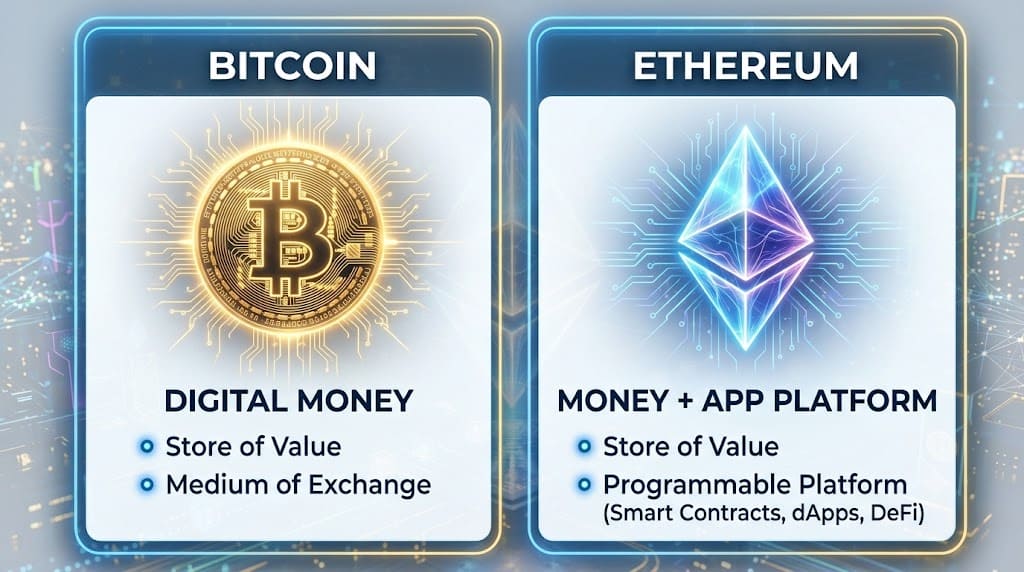 Side-by-side comparison of Bitcoin and Ethereum highlighting Bitcoin as digital money and Ethereum as a programmable blockchain platform supporting smart contracts, dApps, and DeFi.