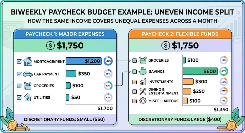 Biweekly paycheck budget example showing how two $1,750 paychecks are allocated between rent, car payment, groceries, utilities, savings, investments, and discretionary spending.