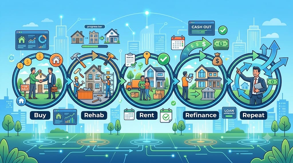 Illustration of the BRRRR real estate investing strategy showing the Buy, Rehab, Rent, Refinance, and Repeat cycle for building a rental property portfolio.