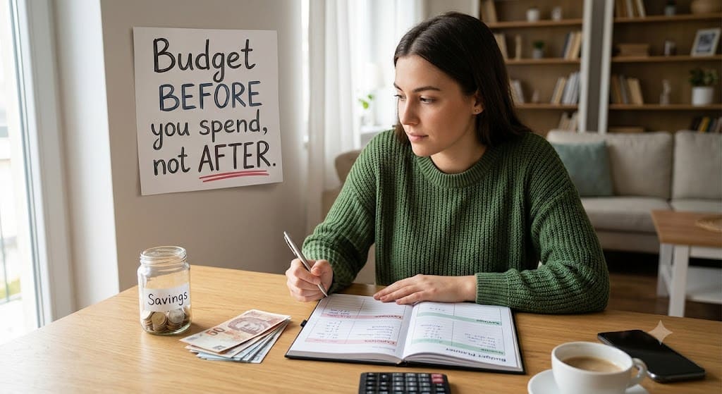 Individual writing a monthly budget beside a savings jar and cash with a sign reading "Budget Before You Spend, Not After," illustrating proactive money management and budgeting habits.