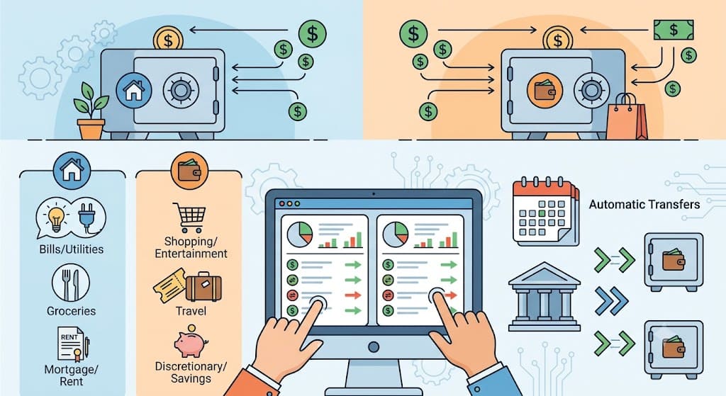 Illustration showing how two checking accounts can be used to separate bills, spending, savings, and automatic transfers for better money management.