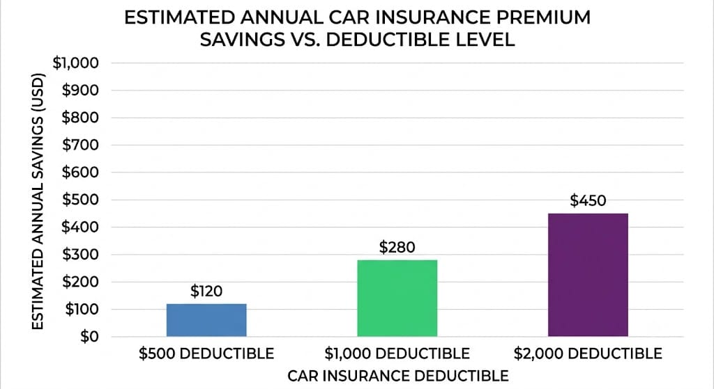 Bar chart comparing estimated annual car insurance premium savings for $500, $1,000, and $2,000 deductible levels, showing increased savings with higher deductibles.