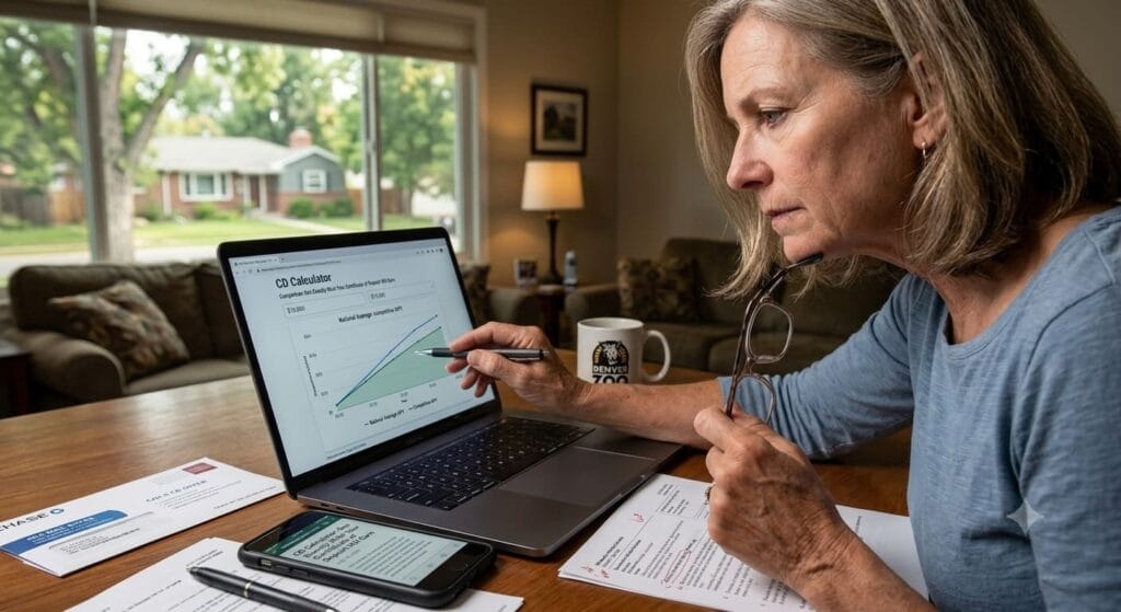 Person using a CD calculator on a laptop to estimate certificate of deposit returns, APY, interest earnings, and maturity value.