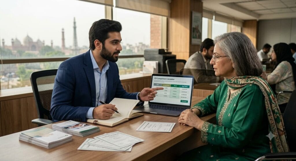 Financial advisor explaining CD calculator results to a customer while comparing certificate of deposit rates, APY, and maturity values on a laptop.
