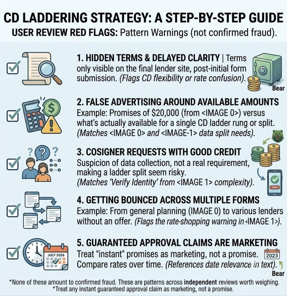 Infographic explaining common user review red flags and warning signs when evaluating CD laddering strategies and financial products.