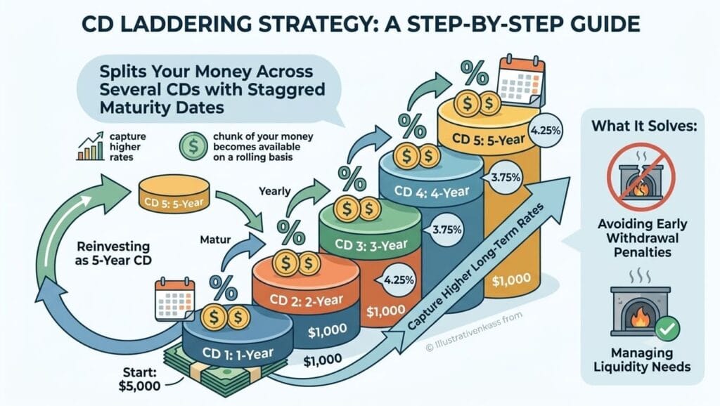 Infographic explaining a certificate of deposit ladder strategy with one-year to five-year CDs, staggered maturity dates, and reinvestment process