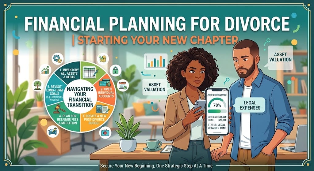 Infographic showing a couple reviewing their emergency fund savings on a smartphone with tips for building an emergency fund, including saving regularly and setting financial goals.