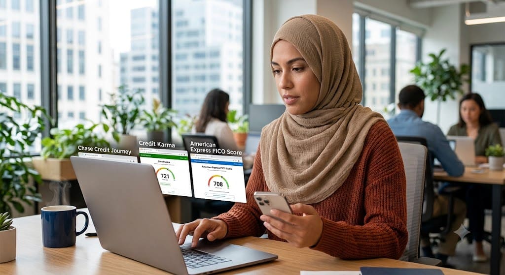 Woman checking her credit score on a laptop and smartphone with credit monitoring dashboards displayed, representing online credit score tracking and financial management.