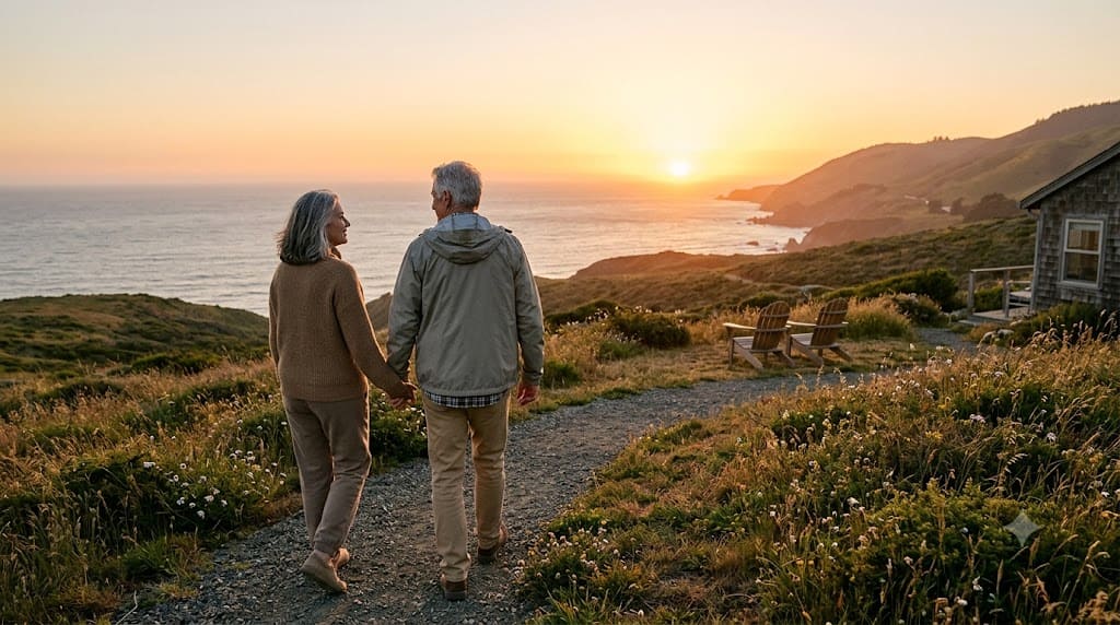 Retired couple walking along a scenic coastal path at sunset, symbolizing financial freedom, retirement planning, and a comfortable retirement lifestyle.