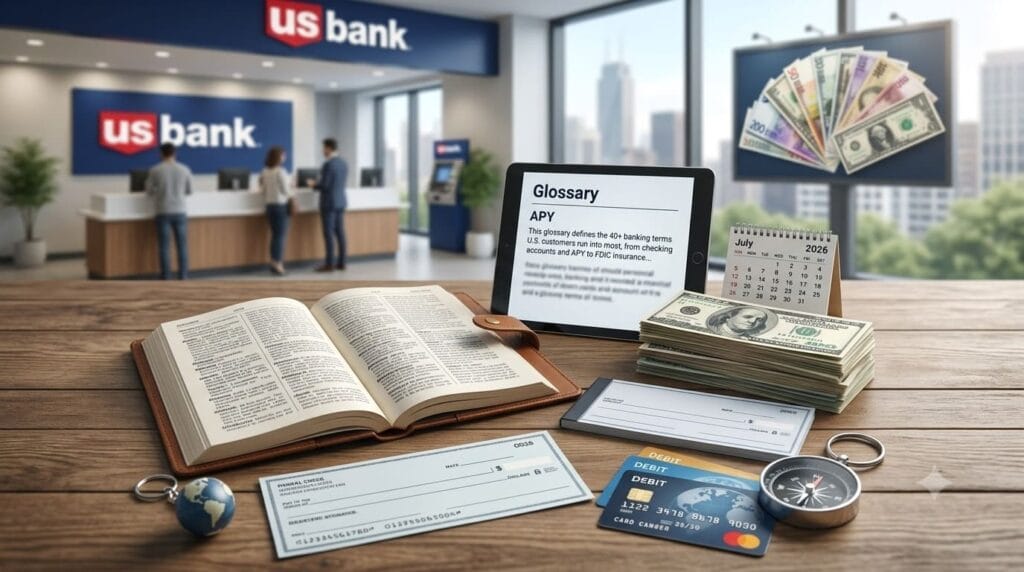 Banking glossary with financial terms, debit card, checks, money, and banking concepts.