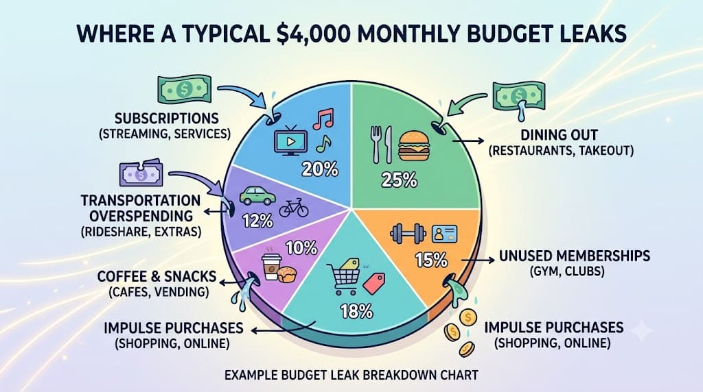 Pie chart illustrating common monthly budget leaks, including dining out, subscriptions, impulse purchases, transportation overspending, coffee purchases, and unused memberships, helping readers identify areas to reduce unnecessary expenses.