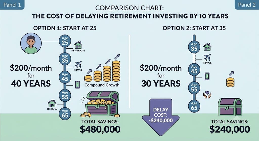 Infographic comparing retirement savings when investing $200 per month starting at age 25 versus age 35, demonstrating how delaying retirement investing by 10 years can reduce long-term wealth through lost compound growth.