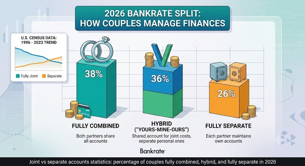 Infographic showing 2026 statistics comparing fully joint, hybrid, and fully separate bank accounts used by couples to manage household finances.