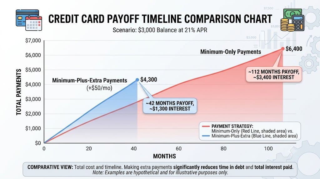 Line chart comparing credit card payoff timelines for minimum payments versus minimum payments plus an extra monthly amount, highlighting the reduction in repayment time and total interest costs when paying more than the minimum.