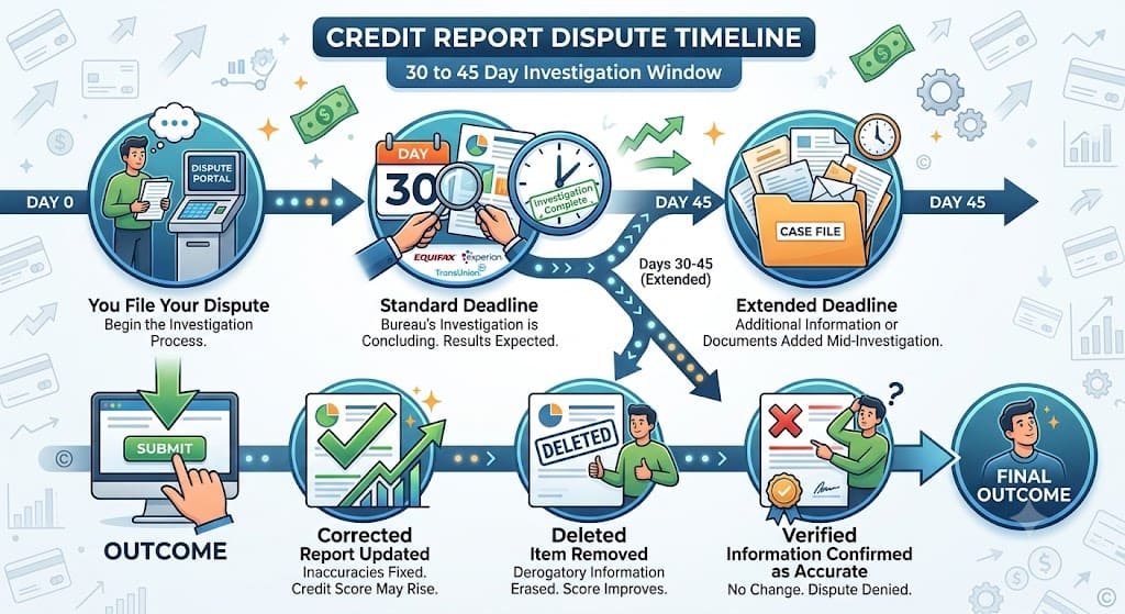 Infographic showing the timeline of a credit report dispute, including filing a dispute, investigation, review period, and possible outcomes such as corrected, deleted, or verified information.