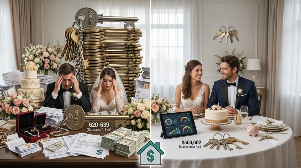 Illustration comparing wedding loan affordability and financial outcomes based on different credit score ranges.