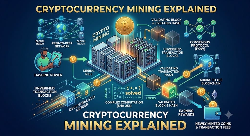 Infographic explaining cryptocurrency mining, including mining rigs, blockchain validation, Proof of Work (PoW), transaction verification, hashing, decentralized networks, and mining rewards.