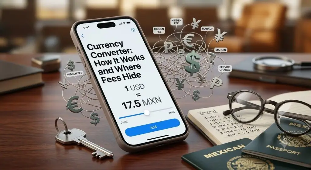 Digital currency converter showing USD to MXN exchange rate with floating currency symbols highlighting hidden fees, exchange rate markups, and conversion costs.