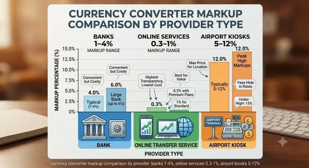 Currency converter markup comparison chart showing exchange rate markups for banks, online money transfer services, and airport kiosks.