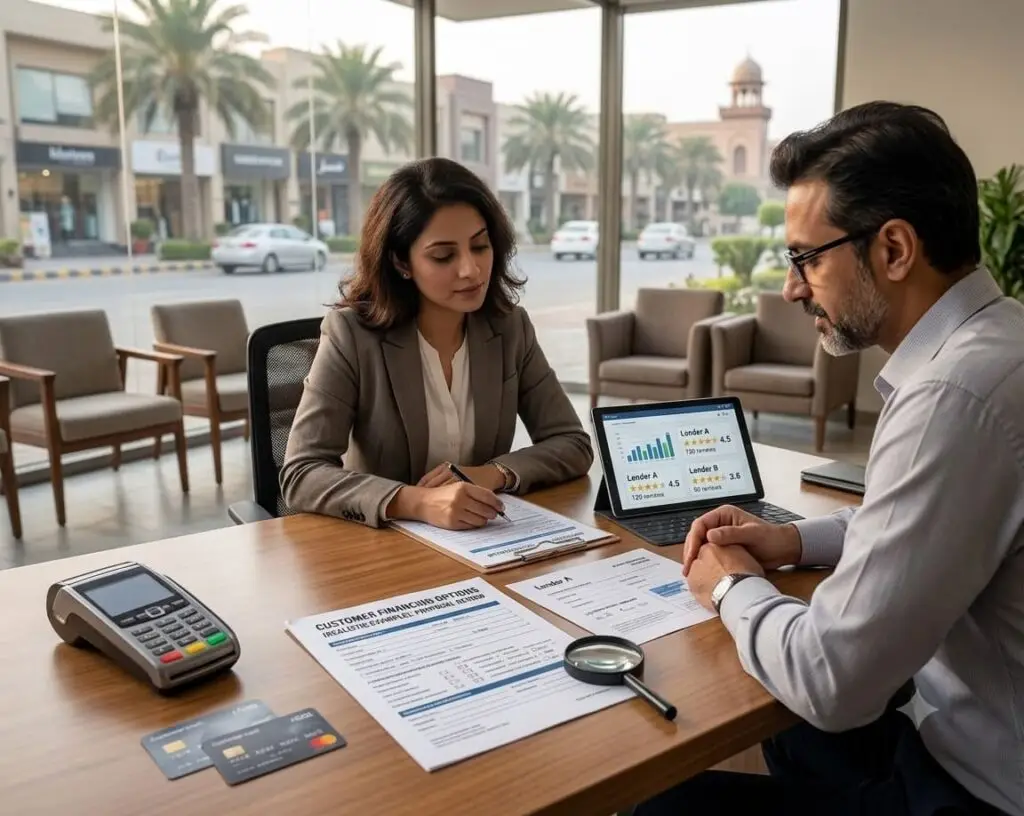 Financial advisor discussing customer financing options with a client while comparing lenders, payment plans, and financing terms on documents and a tablet.